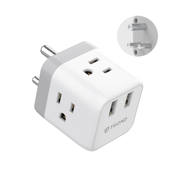 TROND India to US Plug Adapter - US to India Travel Plug Adapter with 2 USB Ports 3 American Outlets, Power Adaptor for USA to Indian Nepal Pakistan Sri Lanka Travel Essentials, Type D Plug Adapter