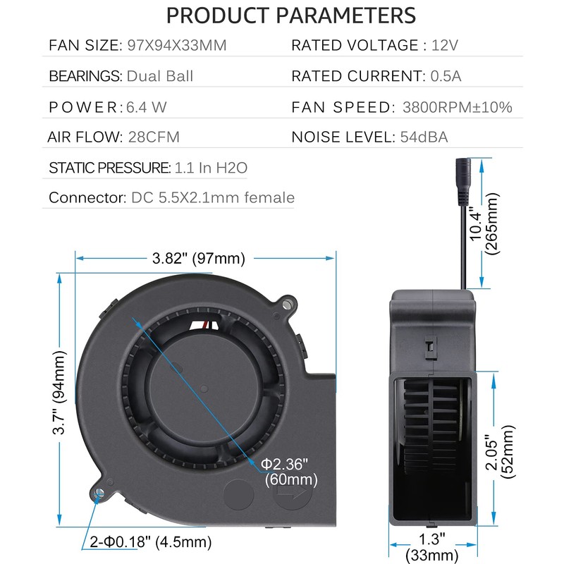 GDSTIME 97mm x 33mm DC Blower, 110V 220V AC Powered