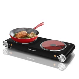 Hot Plate, Techwood 1800W Dual Electric Stove, Countertop Stove Double Burner for Cooking, Infrared Ceramic Hot Plates Double Cooktop, Brushed Stainless Steel Easy to Clean Upgraded Version, Black