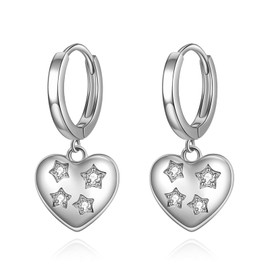 POPLYKE Sterling Silver Hanging Clip On CZ Heart Hoop Earrings for Men Women