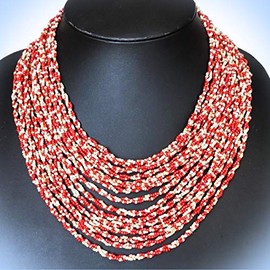 Twisting Strands Coral Red Beige Beads Layered Unique Chic Crystal Rhinestone Elegant Jewelry Necklace For Women