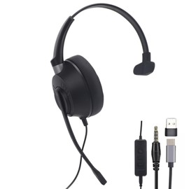USB C Headset with Mic for PC, USB & 3.5mm, On-Ear Mono Telephone Headset for Calls and Music, Noise Canceling Microphone with in Line Control for Computer, Laptop