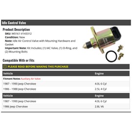 Marketplace Auto Parts Idle Control Valve with Gasket - Compatible with 1986-1990 Jeep Cherokee