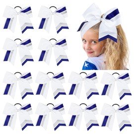 12PCS Cheer Bows Bulk Glitter Cheerleading Bows Girls Hair Bows White Blue Cheer Bows Elastic Band Ponytail Holder for Cheerleaders Teen Girls College Sports Competition