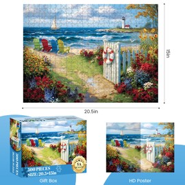 500 Piece Puzzles for Adults, Beautiful Beach 500 Piece Puzzle, Seaside Flowers Lighthouse Jigsaw Puzzles, Relaxing Gifts for Adults, Seniors and Kids, Finished Size 20.5” x 15”