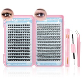 Silkiwinki 3D Fluffy Individual Lashes Book 336PCS Cluster Lashes Kit with Glue&Remover and Lash Tweezers Mixed 2 Styles Natural False Eyelashes 10-18MM