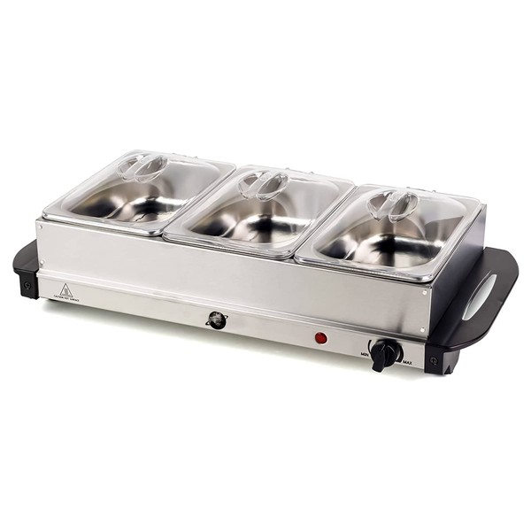 Crystals® 3 Pan Buffet Server Food Warmer, 3 x 2.5 Litre Pans, 300 W, Adjustable Temperature, Food Warmer, Dual Function Hot Plate, Portable Steam Table - Catering Serving Tray