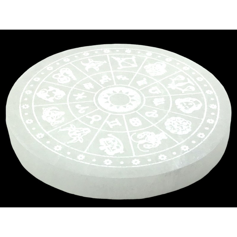 Selenite Charging Plate with Zodiac Sign "Astrology" Engraving Diameter 10.5
