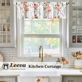 Leeva Vivid Pink Flower Printed Rod Pocket Valance, Farmhouse Vintage Light Filtering Privacy Window Treatment for Living Room Kitchen Bedroom, 52 x 14, 1 Panel