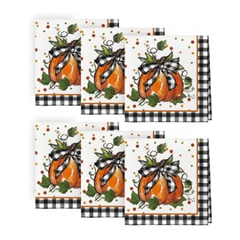 Horaldaily Fall Cloth Napkins 18 x 18 Inch, Thanksgiving Autumn Harvest Buffalo Plaid Pumpkin Party Dinner Decoration Washable Napkins Set of 6