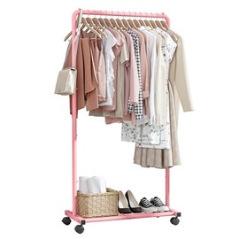 Sakugi Clothes Rack - Clothing Rack with Storage Mesh Shelf & Casters, Heavy-Duty Metal Clothing Rack for Hanging Clothes, Dresses, Coats, Large Load Capacity, Easy Assembly, Pink, 28.0"x16.9"x59.0"