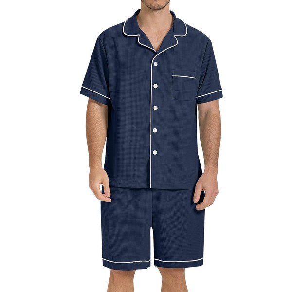 SIORO Mens Pajamas Set Short Sleeve Sleepwear Button Down Pjs