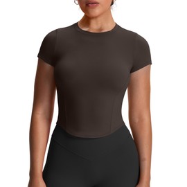 Aoxjox Women's Short Sleeve T-Shirts GEO Baby Tee Workout Gym Yoga Crop Top Without Built-in Bra (Mulch, Large)