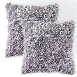 MIULEE Pack of 2 Decorative Romantic Stereo Chiffon Rose Flower Pillow Cover Solid Square Pillowcase for Sofa Bedroom Car 16x16 Inch 40x40 cm Grey