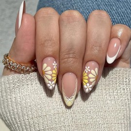 24PCS French False Nail Tips - Short Almond Press on Nails with Cute Flower Design - Glossy White Tip Summer Fake Nails with Glue - Removable Almond Glue-on nails for Women Manicure