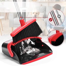 Broom and Dustpan Set 52 in Long Adjustable Handle Combo with Dustpan Teeth to Automatically Clean Hair Suitable for Home Kitchen Office Hall Floor Black and red