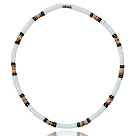 Native Treasure 15" Mens and Womens Summer Beach Surfer Necklace From the Philippines, White Ark Shells with Black and Mixed Brown Coconut Beads