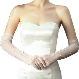 Pearl Wedding Gloves Long Mesh Tulle Gloves Elbow Length Sheer Gloves Prom Arm Gloves Elegant Bridal Gloves Finger Mesh Gloves 20s Dance Gloves