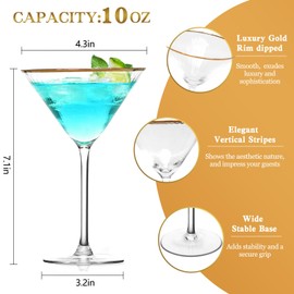 Yaschmo Martini Glasses Set of 2, Gold Rim Hand-Blown Crystal Cocktail Glasses, 10oz Large Martini Glasses for Espresso, Cosmopolitan, Gimlet, Elegant Barware Gift for for Women, Men, Any Occasion