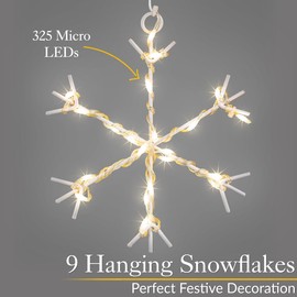 Christow Christmas Curtain Lights for Windows, 9 Snowflake String Light Decoration, 325 Warm White Micro LEDs, Indoor Outdoor Home Garden Xmas Lighting, Mains Powered with 5m Cable (H1.2m x W1.2m)