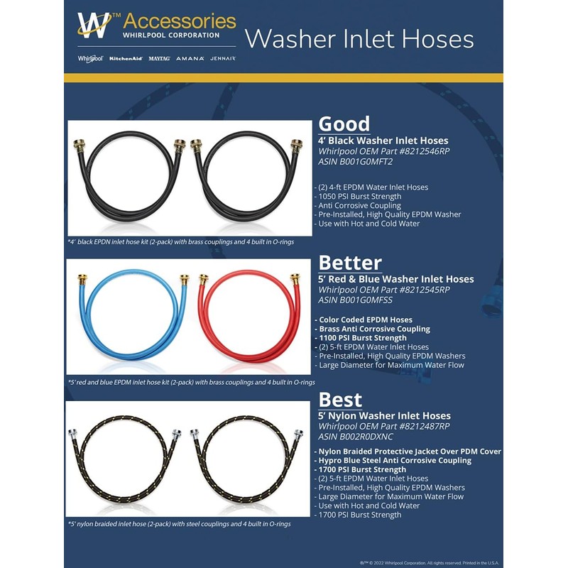 Whirlpool 8212545RP Genuine OEM Fill Hoses For Washers, Standard Accessory