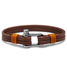 Elegatto Kellmore Premium Leather Bracelet for Men | Double Full-Grain Leather with Silver Polished Stainless Steel Shackle Closure | Men’s Designer Bracelet | Brown Large
