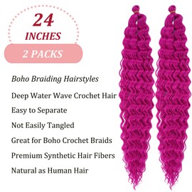 Magenta Ocean Wave Braiding Hair Deep Water Wave Crochet Hair Pink Curly Wavy Braiding Hair Pre Stretched Boho Curls Crochet Braids 24 Inch 2 Packs Synthetic Boho Hair for Braiding