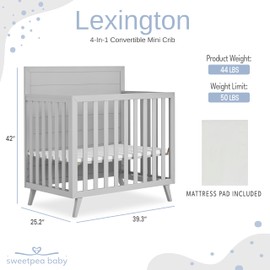 Sweetpea Baby Lexington 4-in-1 Convertible Mini Crib in Pebble Grey, JPMA & Greenguard Gold Certified, Made with Sustainable New Zealand Pinewood, Non-Toxic Finishes