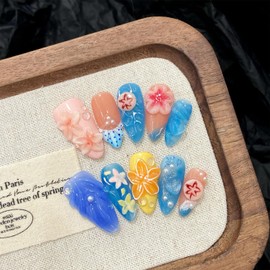 Handmade Press on Nails Medium Almond Fake Nails Summer 3D False Nails Luxury Cute Flower Full Cover Stick on Nails Glue on Nails Floral Nails Acrylic Nails for Women Girls (Blue Ocean M)