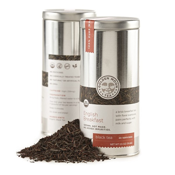 Golden Moon Organic Black Tea English Breakfast - Loose Leaf, Non-GMO 4 Tea Blend - Travel Tin (30 Servings)