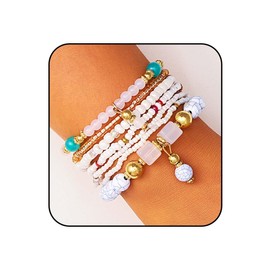 Jovono Boho Beaded Stackable Bracelets Layered Elastic Hand Chain Vintage Colorful Seeds Beads Bracelet Chains Set for Women(8PCS) (White)