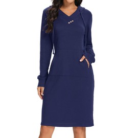 Kimmery Ladies Dresses, Long Tunic Dress for Juniors Full Sleeve with Pockets V Neck Mini Dresswear Fall Light-Weight Park Picnic Home Tunics Blue XXL