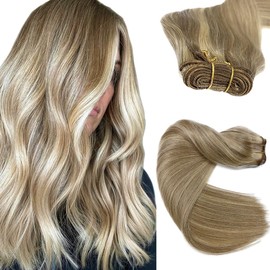 Sew in Hair Extensions Real Human Hair, Ash Blonde Balayage Light Blonde Weft Hair Extensions Human Hair Weave 20 Inch 100G Sew in Bundles Human Hair Weft Extensions Sew in Weft Hair Extensions