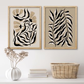 SIGNWIN Framed Set Abstract Botanical Line Monochrome Floral and Foliage Nature Wilderness Illustrations Modern Art Decorative Farmhouse/Country Cozy Colorful for Bedroom - 12"x16"x 2 Natural