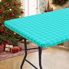 Spotjoy Rectangle Table Cloth, Elastic Fitted Flannel Backed Plastic Table Covers for 8 Foot Folding Tables, Waterproof Vinyl Tablecloths for Picnic, Camping, Indoor and Outdoor (Aqua, 30 x 96 inch)
