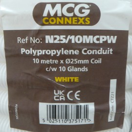 10 Metre 20mm or 25mm Flexible Conduit Tube Contractor Pack with 10 Glands and Locknut - White (25mm)