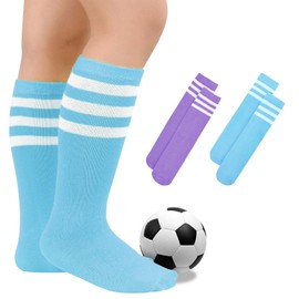 Kids Toddler Youth Cotton Soccer Socks Knee High Soft Tube Socks Long Sport Stockings for Boys Girls Purple White & Lake White 1-3 Years