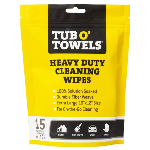 Tub O’ Towels 15-Pack Individually Wrapped Heavy Duty 10” x 12” Cleaning Wipes