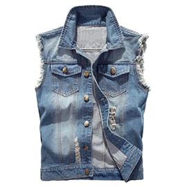 Men's Denim Vest Sleeveless Ripped Jacket Vintage Casual Jeans Vests