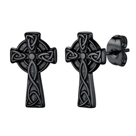 U7 Black Celtic Cross Mens Stud Earrings Viking Jewellery For Men