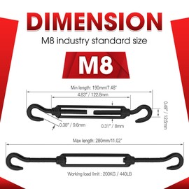 2PCS M8 Premium Stainless Steel Hook & Hook Turnbuckle, Black Turnbuckle for Wire Rope Tension, Shade Sail Hardware, Sun Shade Tent Installation