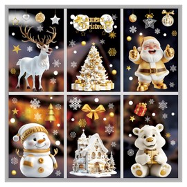 150 pcs Golden Christmas Window Stickers 9 Sheets Cling Static Snowflake Santa Claus Window Sticker Double Sided PVC Static Xmas Window Clings Static PVC Stickers for Christmas Window Decorations