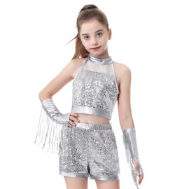 LOLANTA Girls’ Sequin Dance Outfit – Sleeveless Crop Sequin Top Metallic Shorts Tassel Arm Sleeves Silver, 11-12 Years