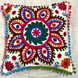 GANESHAM Indian Home Decor Floral Cotton Throw Pillow Case Hand Embroidered Suzani Sofa & Couch Handmade Cushion Cover (White)
