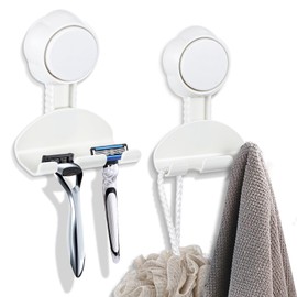 Ptwola 2 Pack Razor Holder for Shower Suction Cup Hooks Powerful Shaver Holder Hanging Shower Storage Wall Hook Reusable Towel Holders for Bathroom Loofah Kitchen Squeegee Window Easy to Install