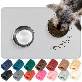 VIVAGLORY Flexmat Dog Food Mat Cat Food Mat for Food and Water & Indoor Cats, Waterproof Silicone Grippy with Raised Edges Lip, S, Light Grey