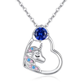 CDE Birthstone Heart Unicorn Necklaces for Women 925 Sterling Silver Cubic Zirconia Love Pendant Jewelry Birthday Christmas Graduation Gifts for Wife Ladies Girlfriend (09-Sept Spahhire Royal Blue)