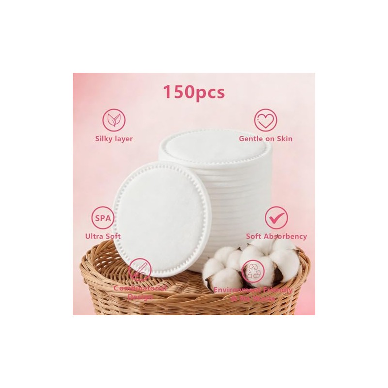 Cotton Rounds 150 almohadillas desmaquillantes en caja, hipoalergénicas, sin pelusas,