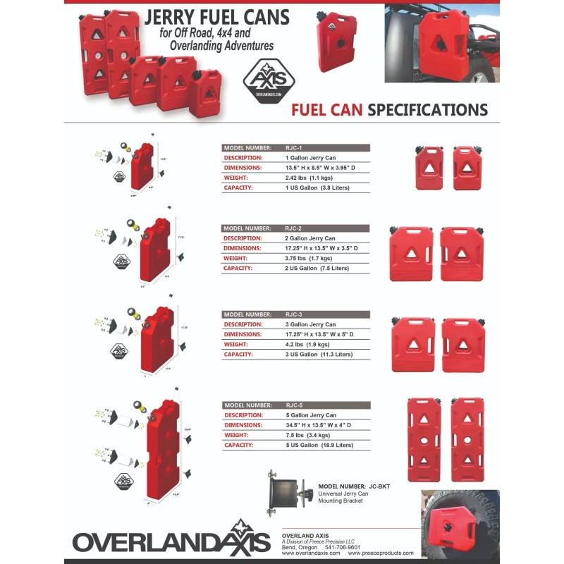 OVERLANDAXIS.COM 3 GALLON JERRY CAN W/MOUNTING BRACKET OUTDOOR VEHICLE JEEPS