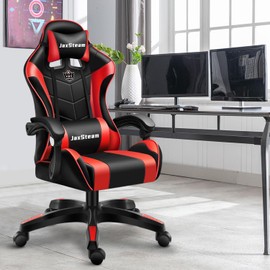 JaxSteam Gaming Chair Office Chair High Back Computer Chair Leather Desk Chair Racing with Swivel with Headrest and Lumbar (Black and Red, 1)